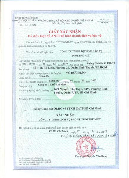 Giấy phép, giấy chứng nhận - Công Ty TNHH Dịch Vụ Bảo Vệ Tuổi Trẻ Việt
